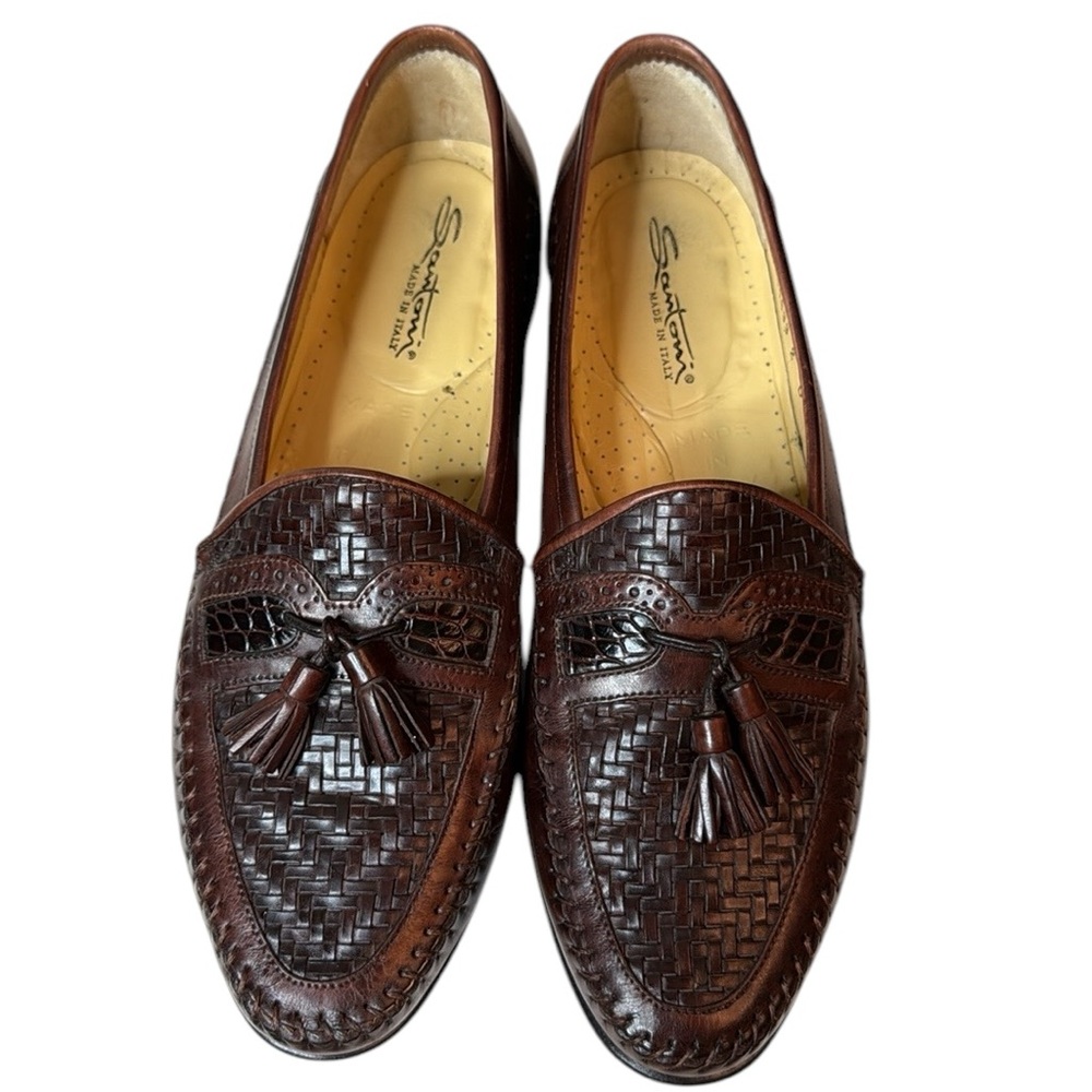 Mens Santoni woven Brown Leather Tassel Italian Loafers‎ Dress shoes size 8.5